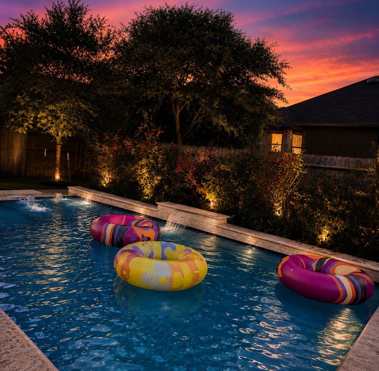 Experience serene evenings by the poolside, illuminated by soft landscape lighting and surrounded by lush greenery, perfect for relaxation and entertainment.