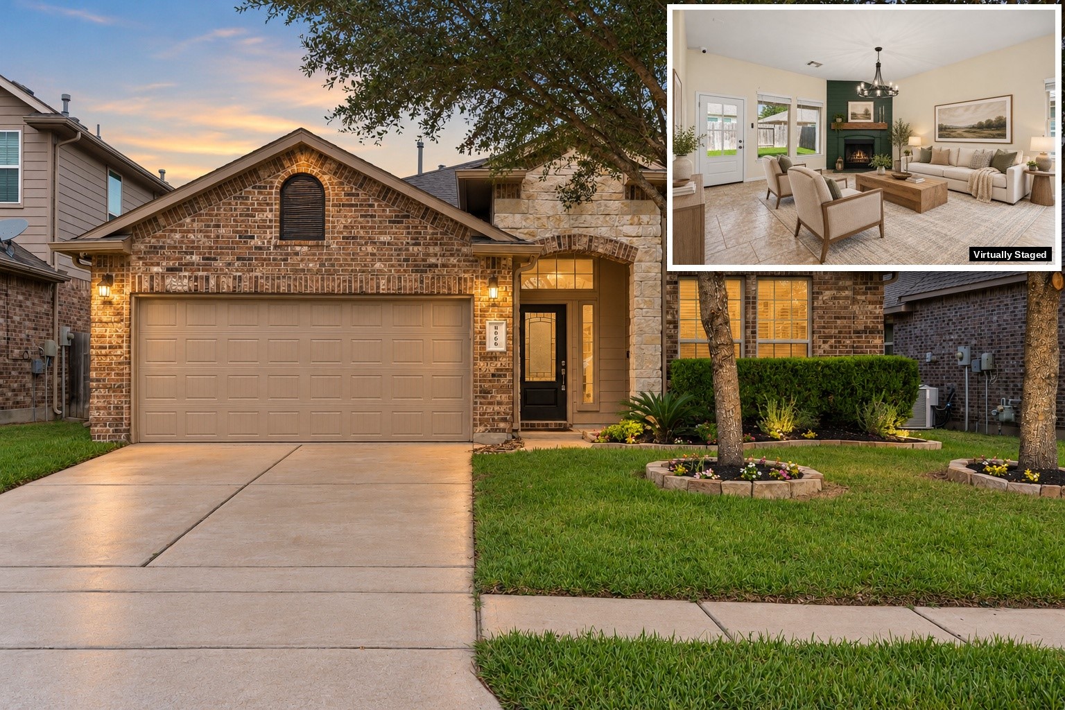 Front exterior at twilight with brick and stone elevation and 2-car garage. Inset: family room with fireplace, virtually staged. Front exterior at twilight with brick and stone elevation and 2-car garage. Inset: family room with fireplace, virtually staged.
