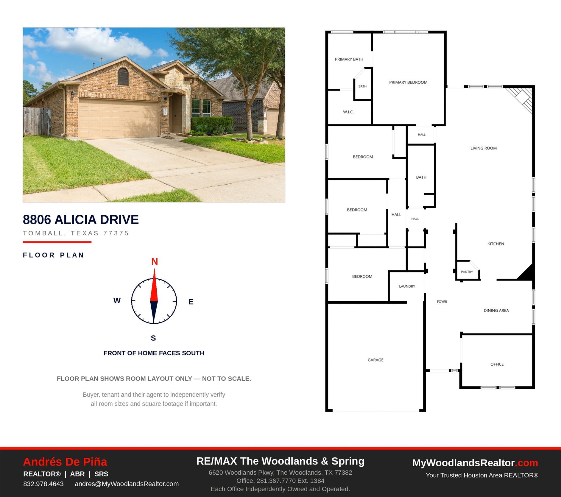 Floor plan: single-story layout with 4 bedrooms, 2 baths, office, dining area, and two-car garage.