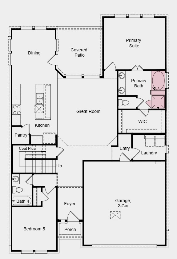 First Floor Plan - Additional Highlights Include: slide-in tub at primary bath and gas line at patio