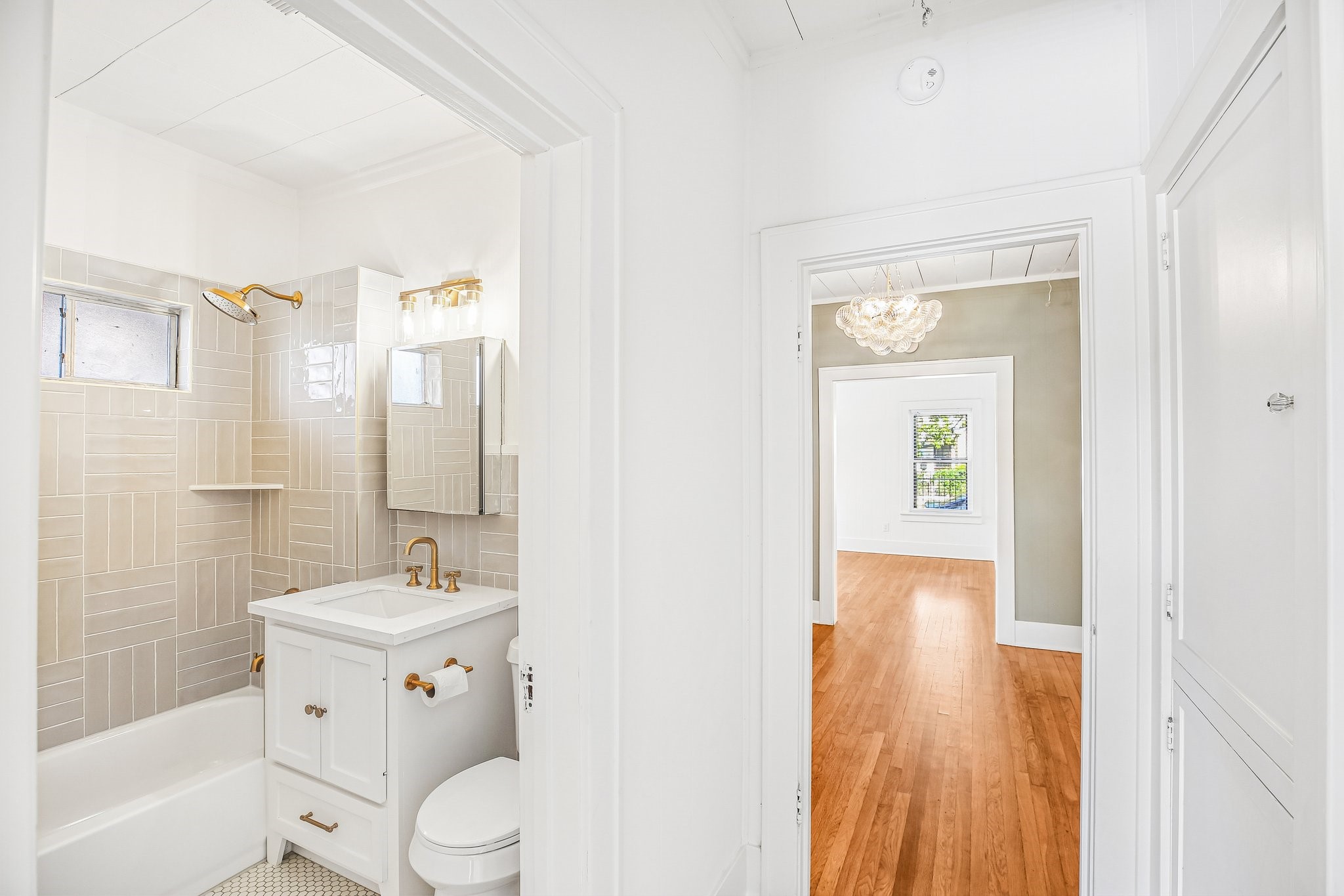 This is the hallway - it has three storage areas - two are deep and have shelves / good for linen and extra bath supplies and one is shallow and tall, a good broom closet.