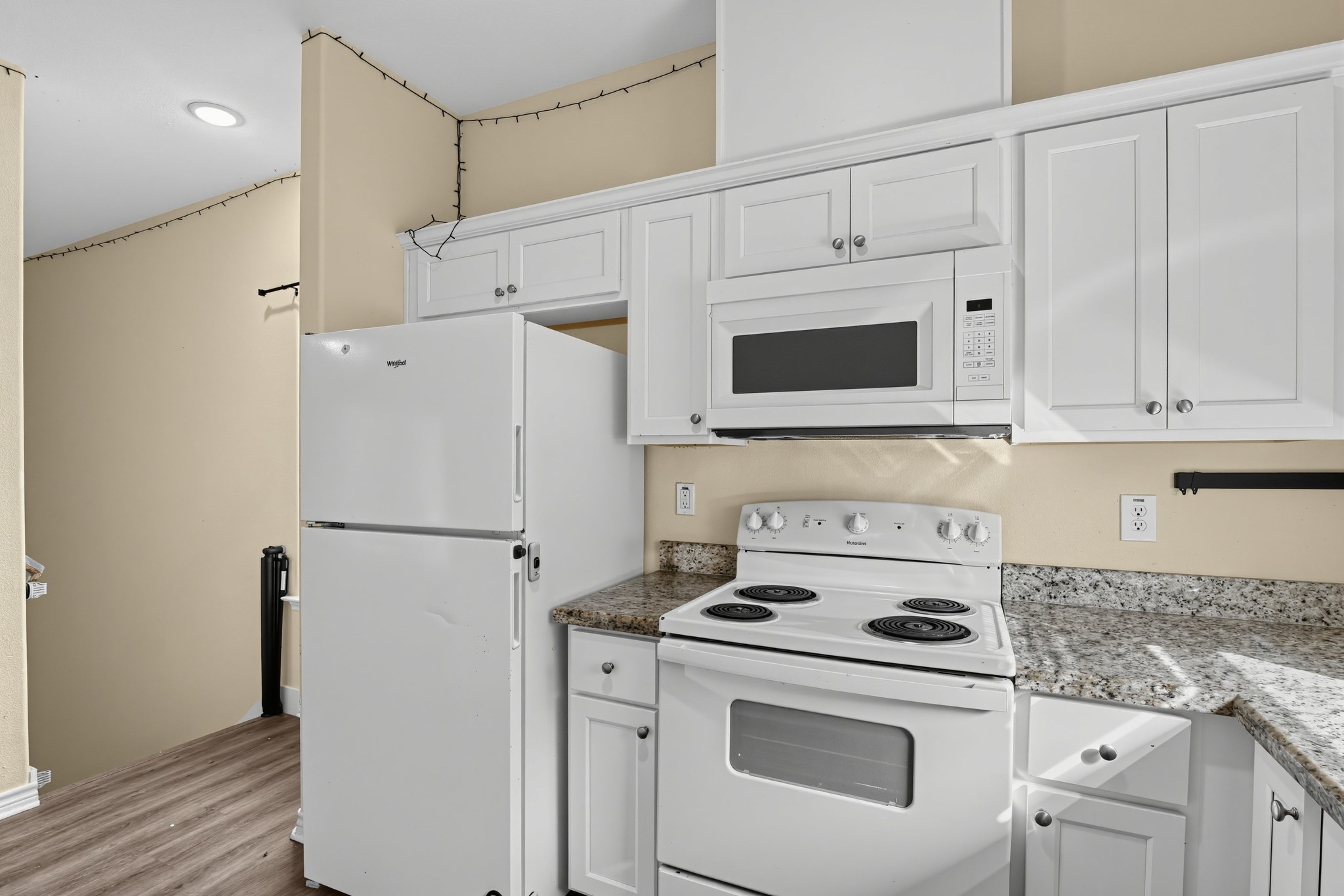 Kitchen has granite counters, built-in microwave.