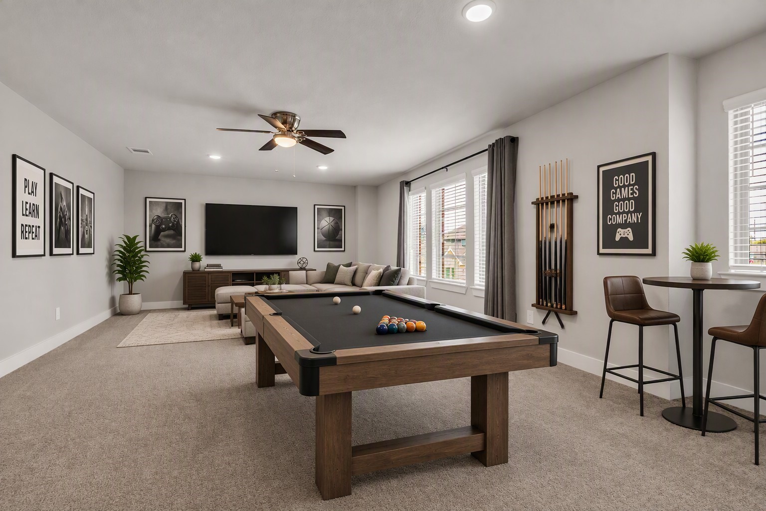 Virtually staged game room on second floor