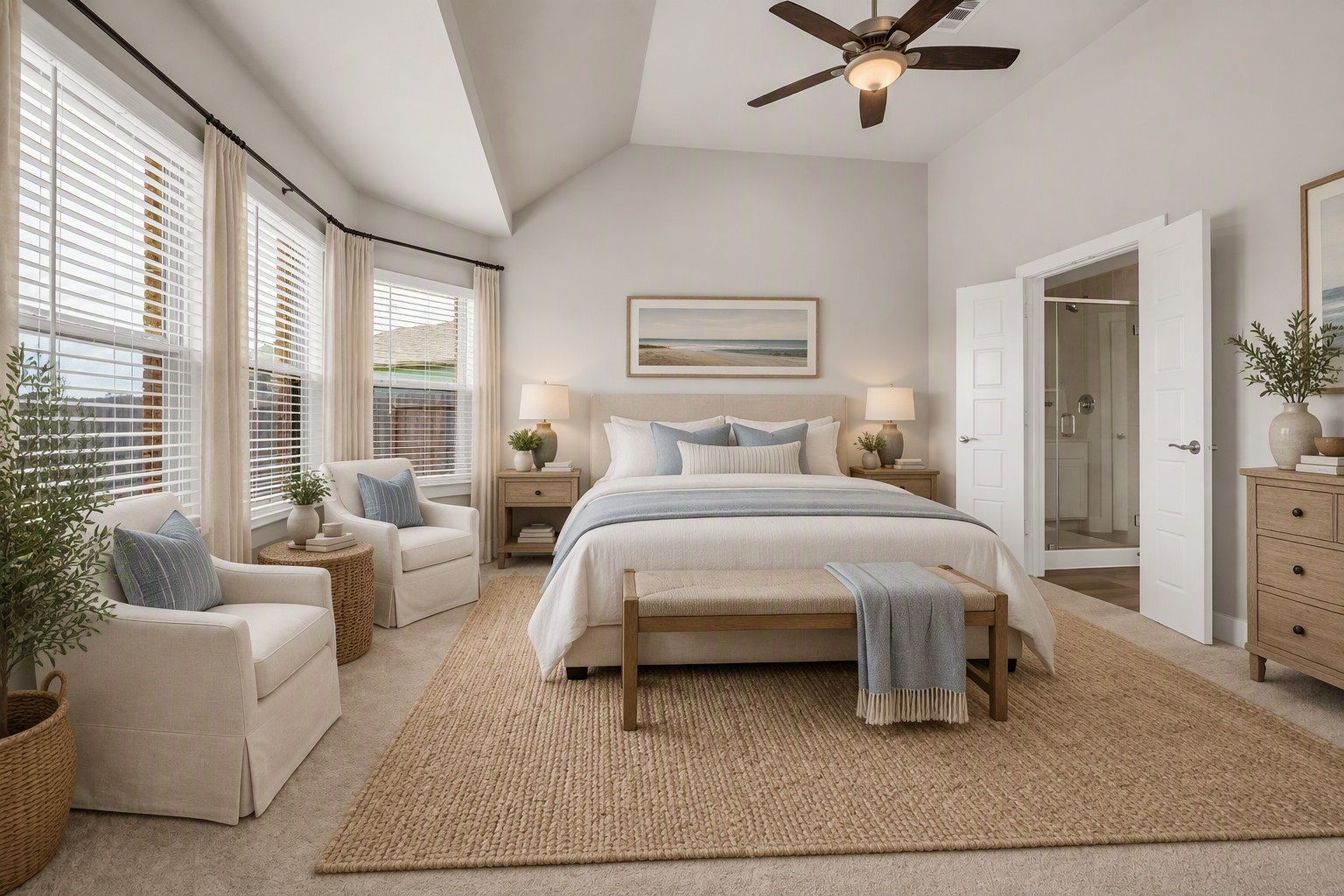 Virtually staged primary bedroom on first floor