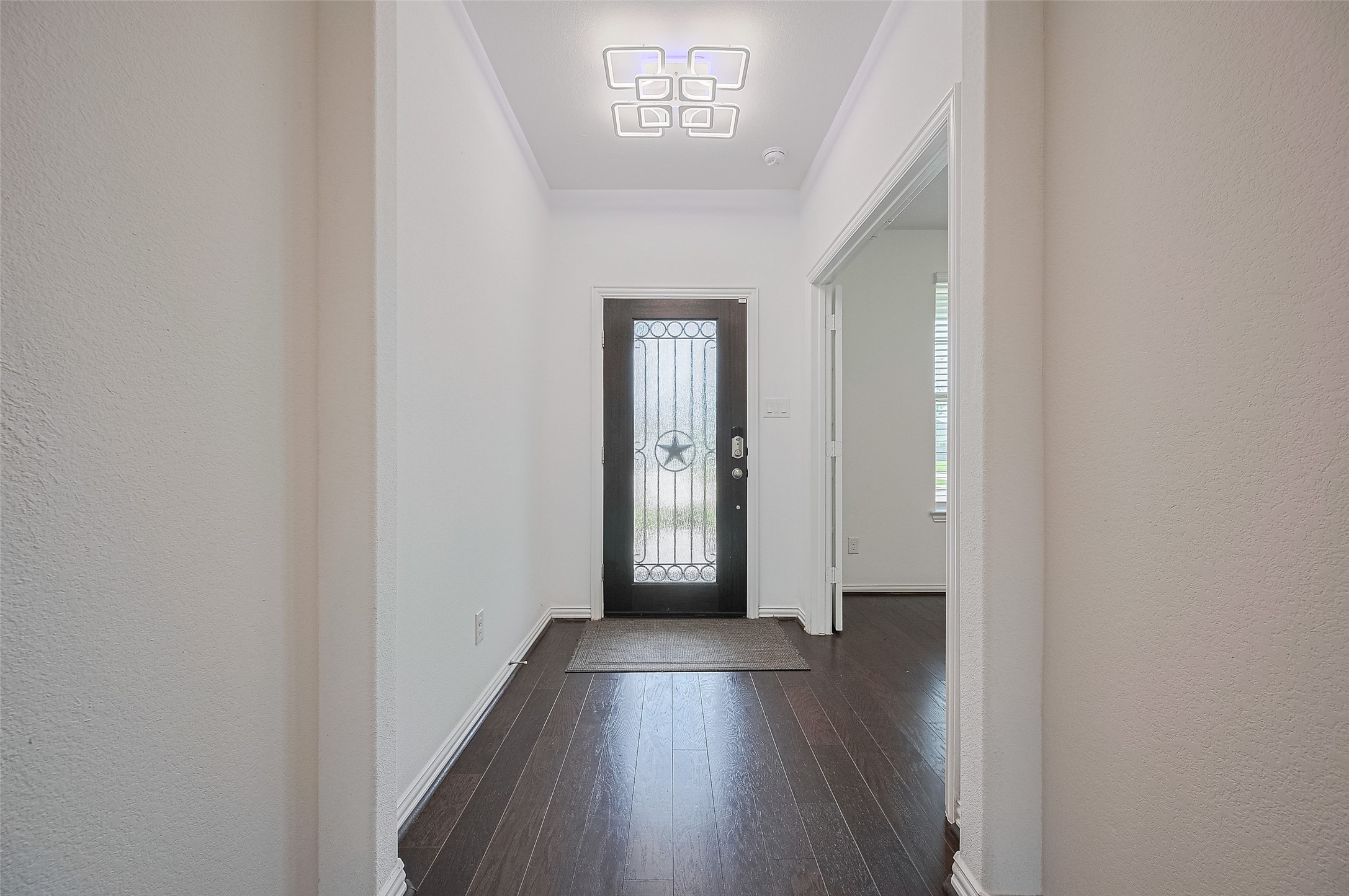 Bright entryway with a decorative glass door and wooden floor. Bright entryway with a decorative glass door and wooden floor.
