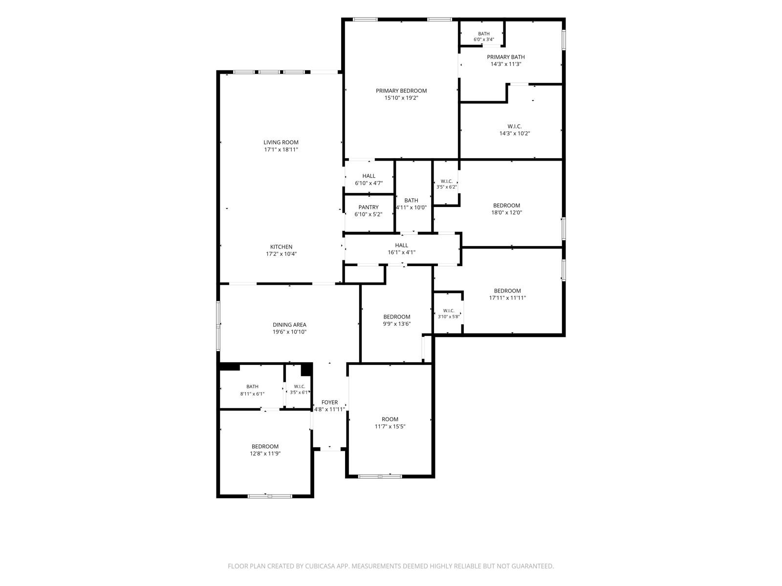 Spacious floor plan featuring a large living room, well-appointed kitchen, and a dining area. The layout includes a primary bedroom with en-suite bath, three additional bedrooms, and ample storage with multiple walk-in closets.