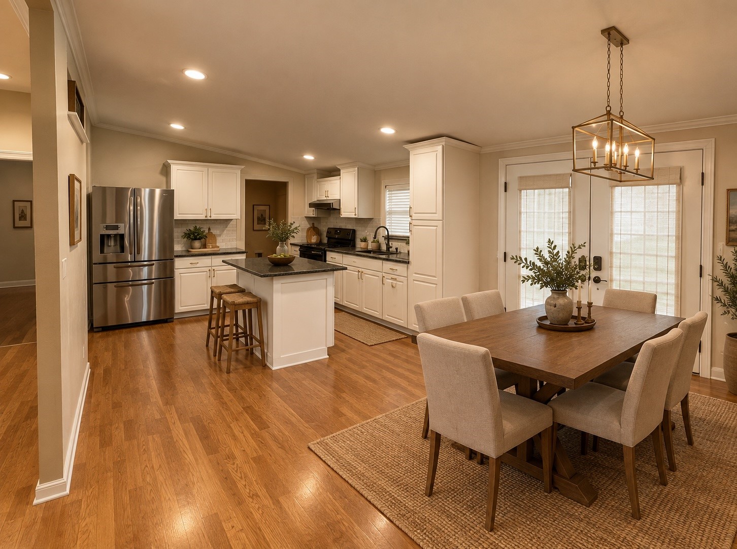 The kitchen is open to the dining space. (virtually staged to show potential)