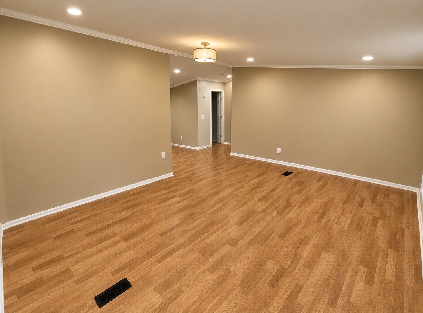 As you enter, living room has cathedral ceilings and wood flooring.