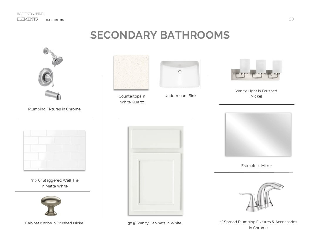 Elements Look Palette 1: Secondary Bathrooms Selection Sheet (*Artist rendering used for illustration purposes only.)