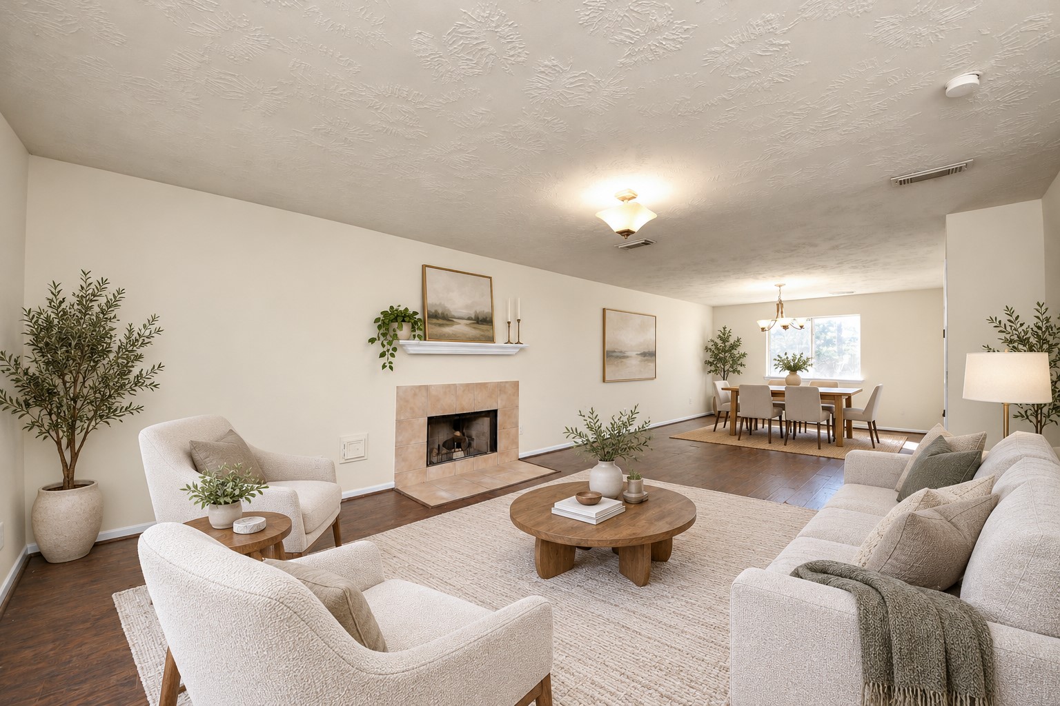 Open-concept living and dining area featuring a cozy fireplace and abundant natural light, perfect for entertaining and relaxation. Photo AI Generated.