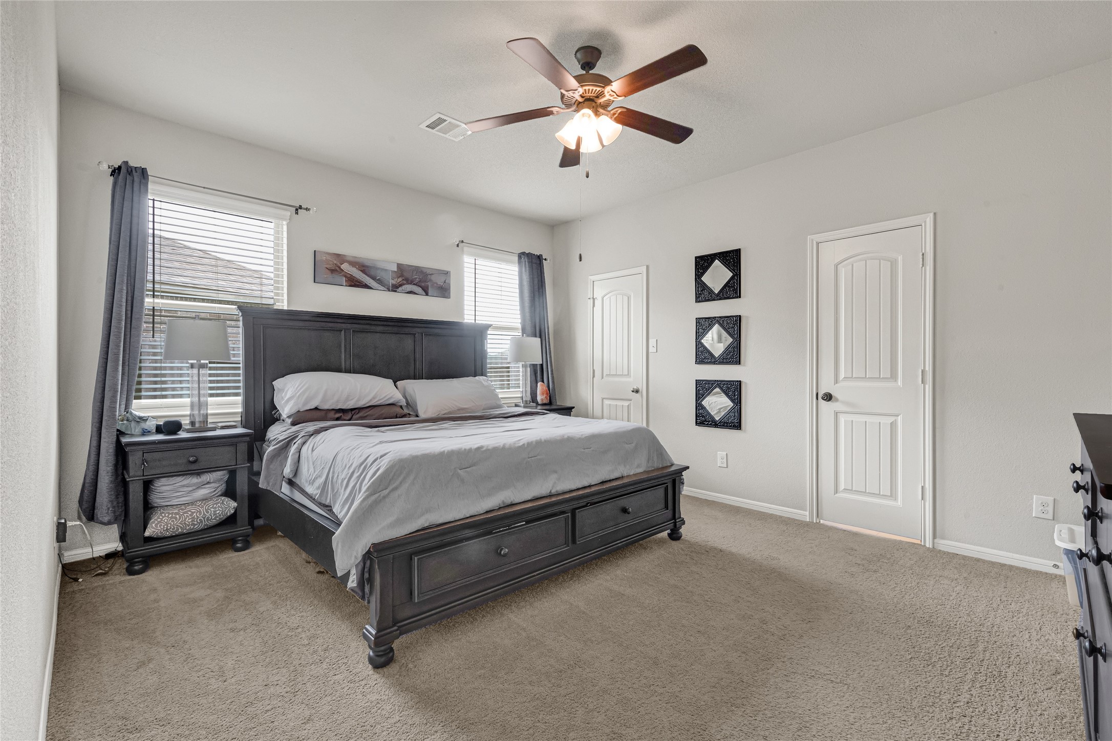 Generously sized primary suite with plush carpeting and abundant natural light.