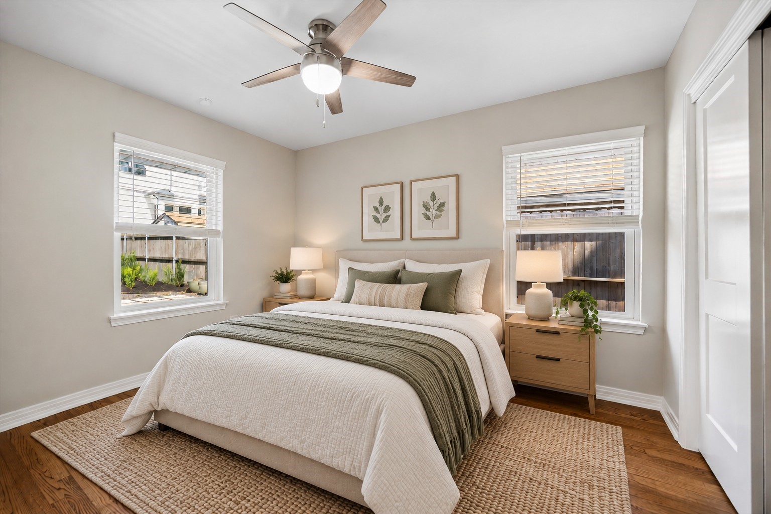 A serene bedroom retreat with good size closet.  This photo has been virtually staged.