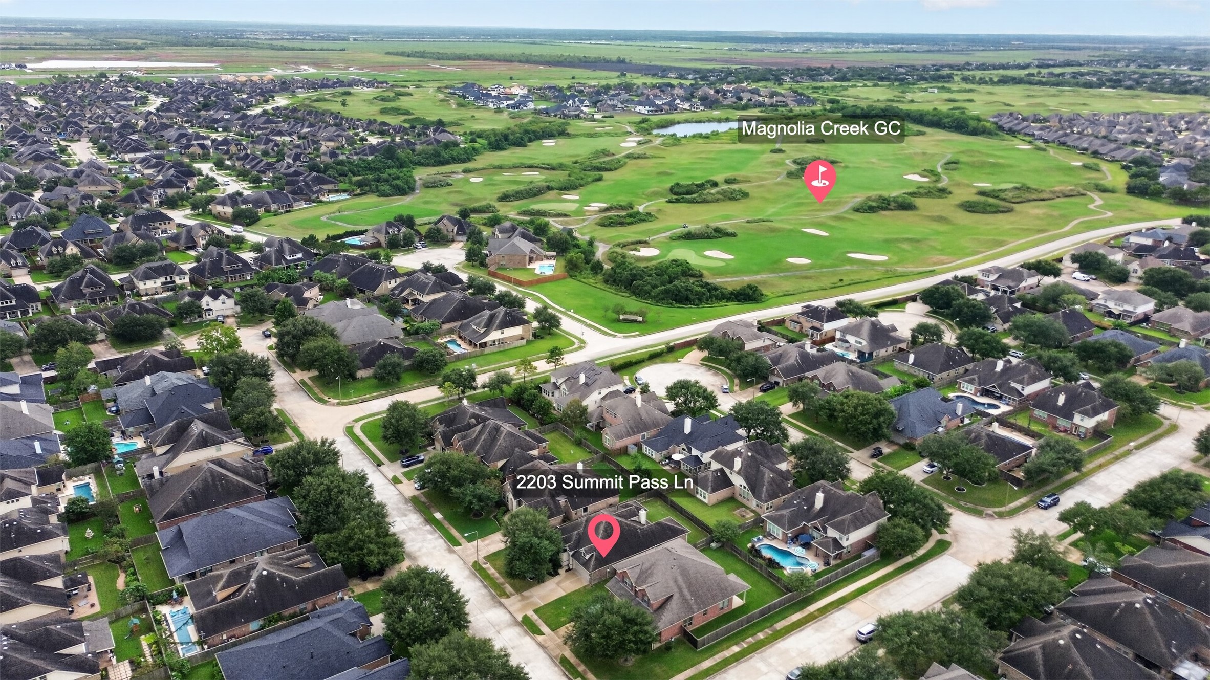 Aerial View showing the proximity to Magnolia Creek Golf Course.