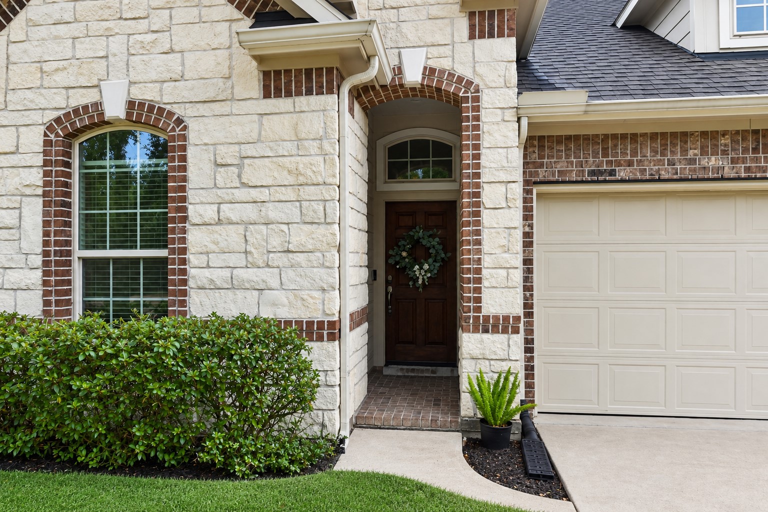 Stone and brick elevation with a welcoming covered arched entry. Stone and brick elevation with a welcoming covered arched entry.