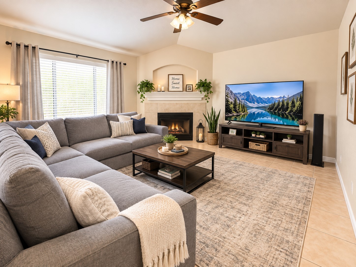 Spacious living room with a cozy sectional sofa, large flat-screen TV, and a warm fireplace, perfect for relaxation and entertainment.