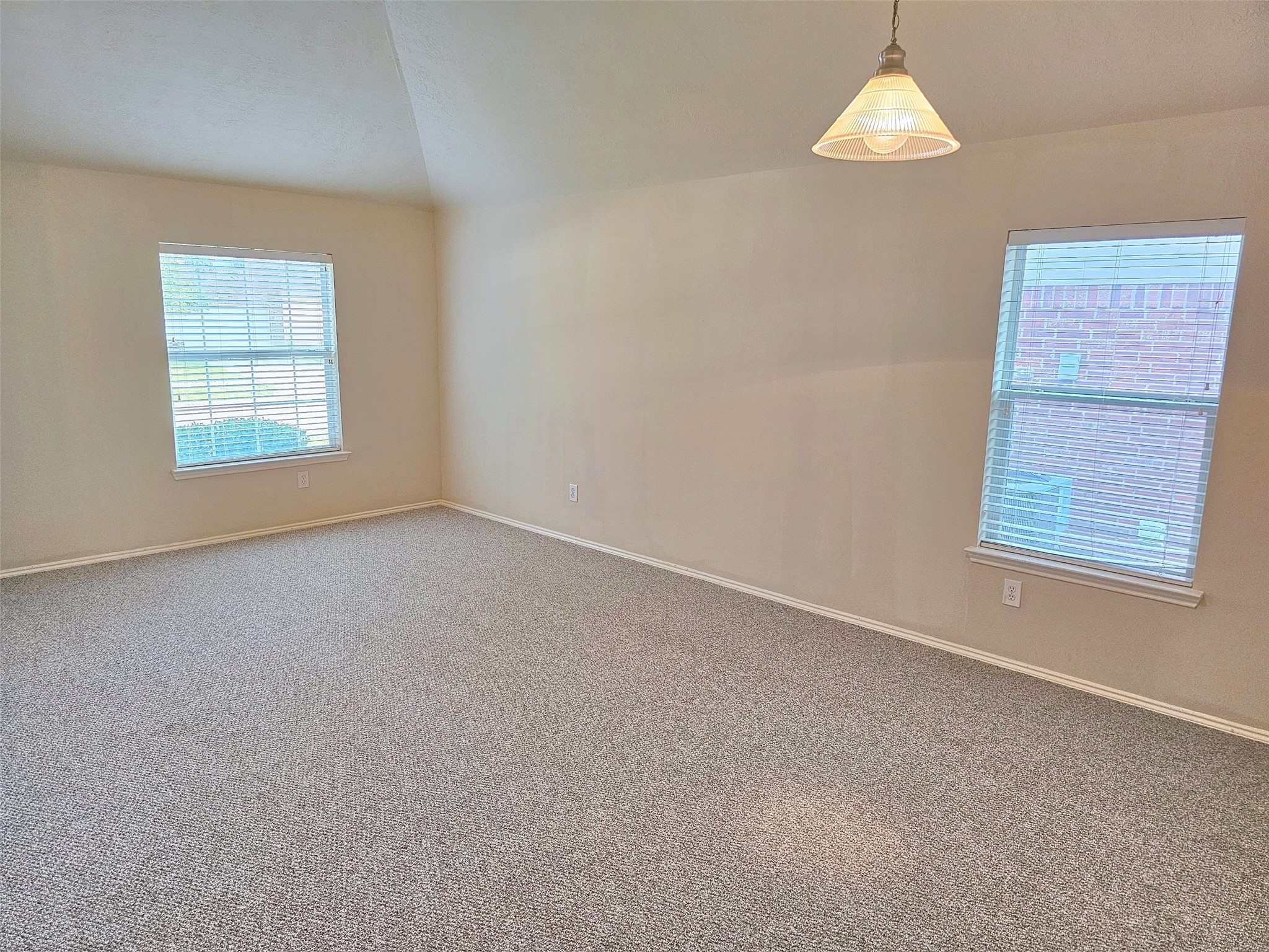 Spacious room with neutral walls, plush carpeting, and abundant natural light from dual windows, perfect for versatile use.