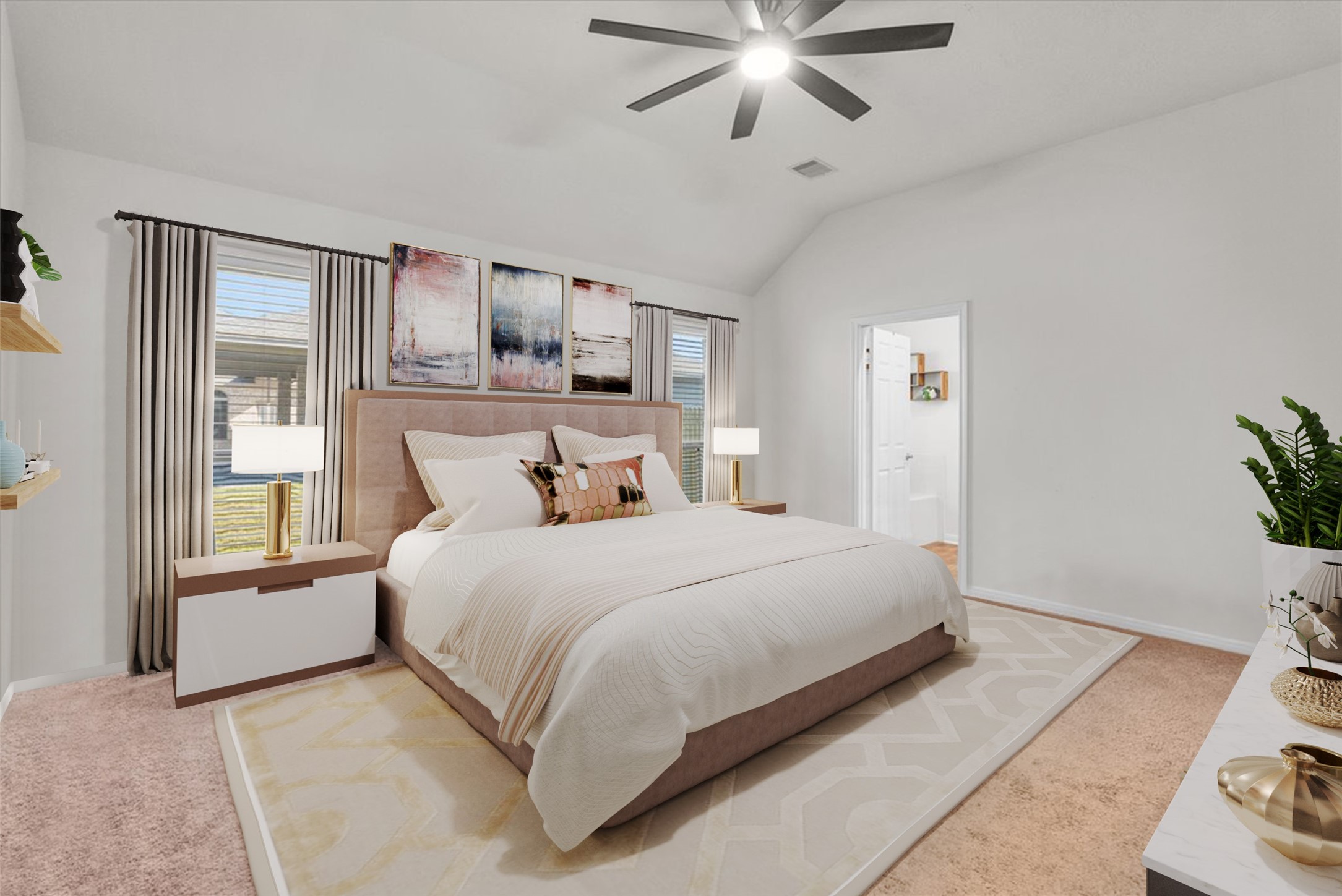 The primary bedroom boasts a private en-suite bath