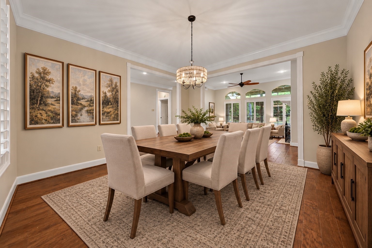 The dining room is its own separate space but still feels open and flows through to the living room, perfect for entertaining guests or hosting large gatherings! Photo has been digitally altered using generative ai for virtual staging. Buyer to verify all.