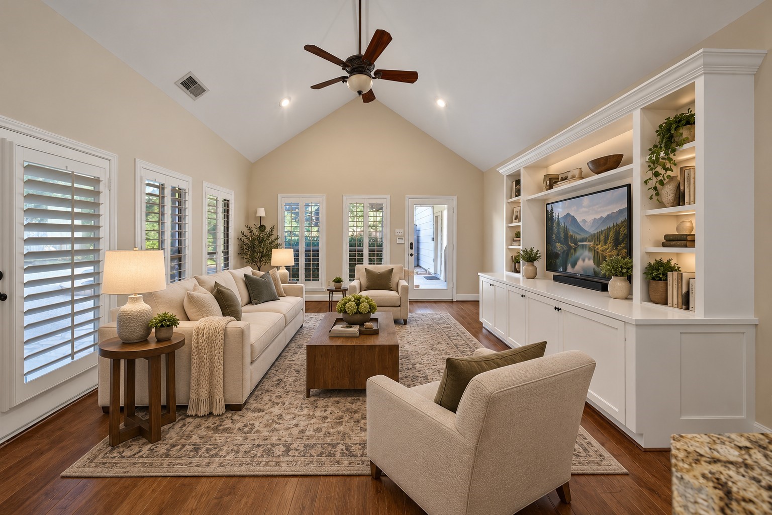 The den is located off the kitchen and has a large built-in for your entertaining needs. bright windows of the pool, patio and backyard surround this room. Vaulted ceiling adds to the spacious feel. Photo has been digitally altered using generative ai for virtual staging. Buyer to verify all.