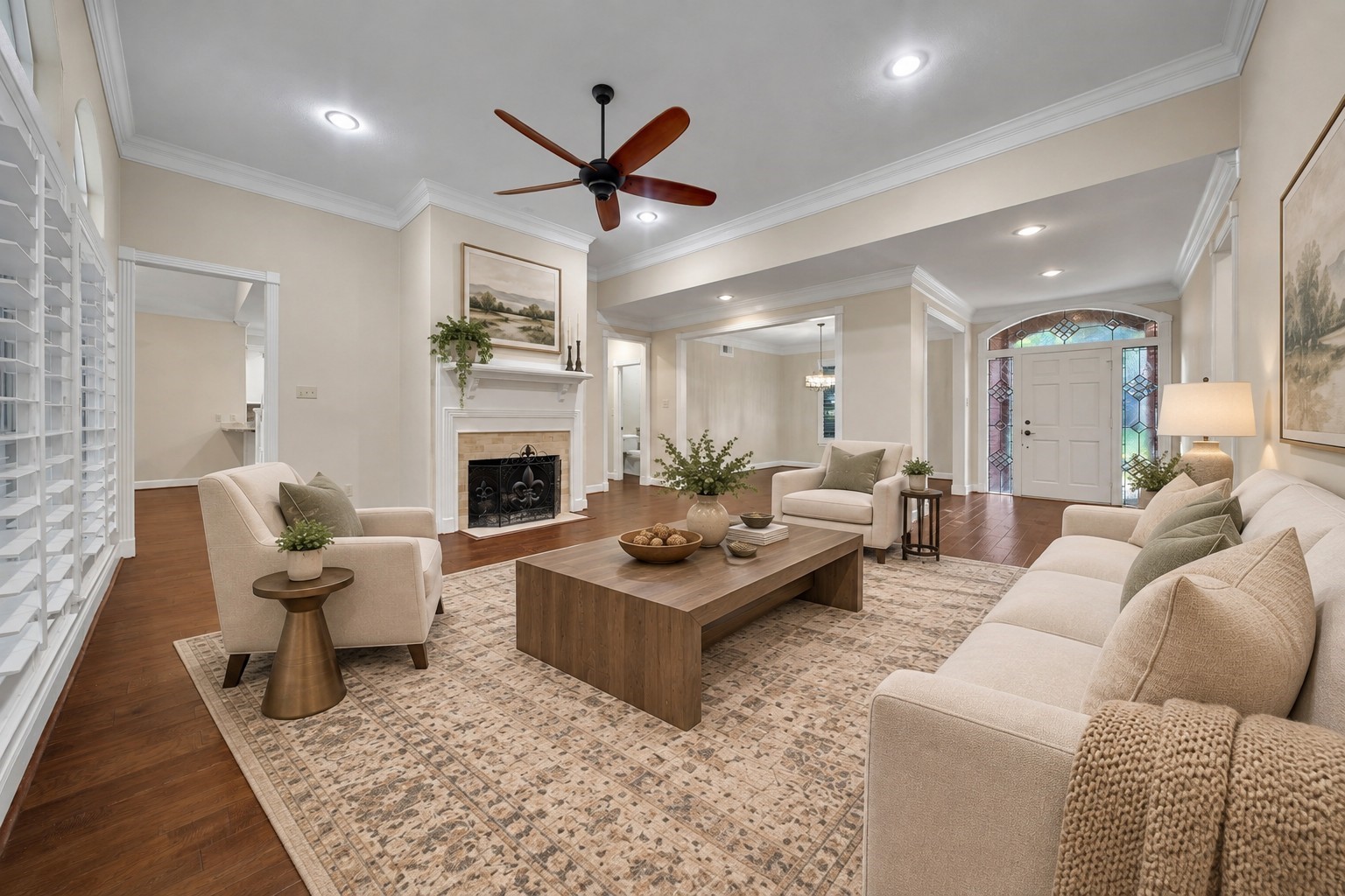 This spacious living room is approx 20x19 and has tall ceilings, gaslog fireplace and views of the covered patio and pool. Photo has been digitally altered using generative ai for virtual staging. Buyer to verify all. This spacious living room is approx 20x19 and has tall ceilings, gaslog fireplace and views of the covered patio and pool. Photo has been digitally altered using generative ai for virtual staging. Buyer to verify all.