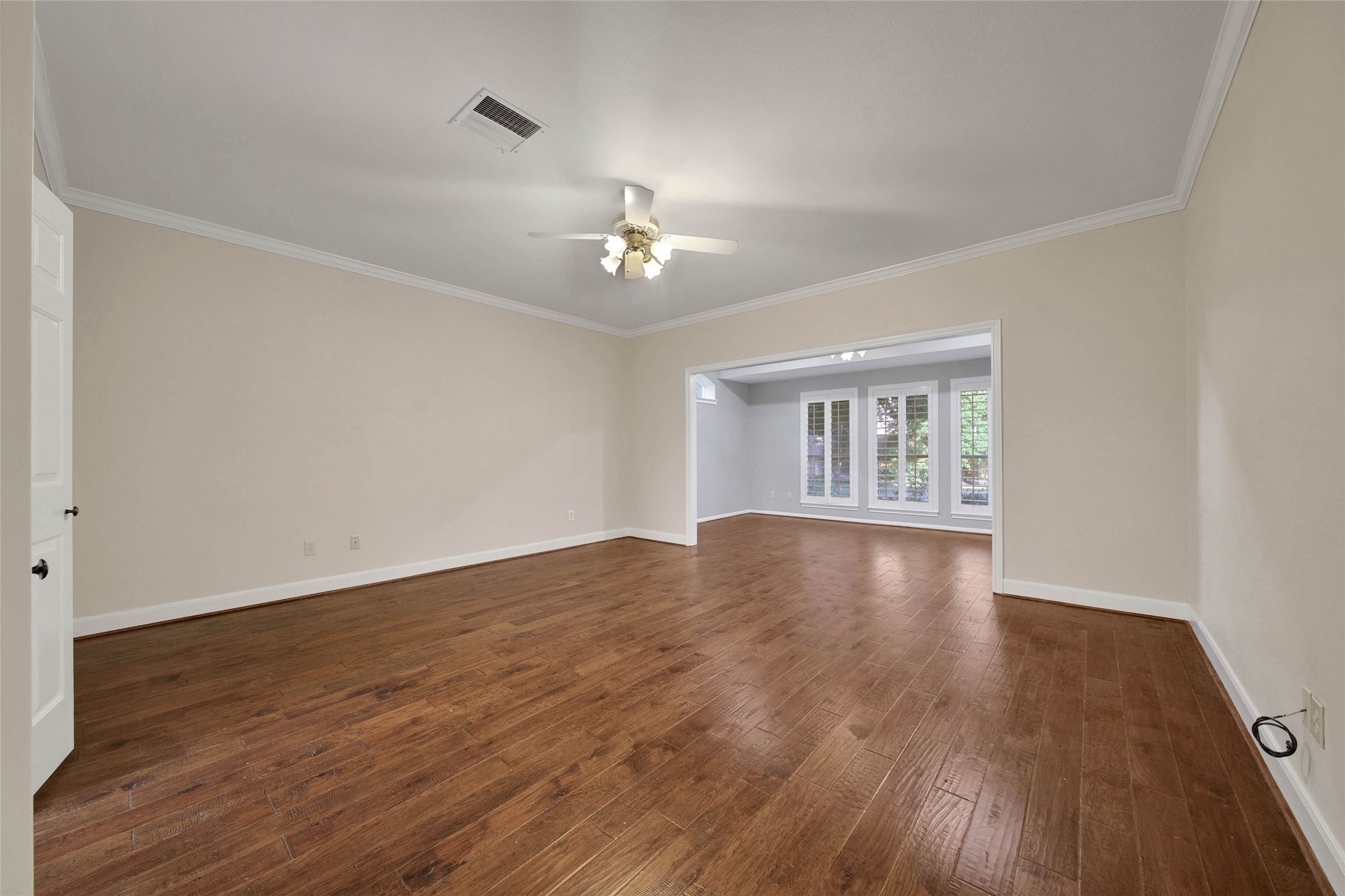 The primary suite is 17 x 16 and is large enough for your biggest bedroom furniture. The adjacent flex space is perfect for a work at home space, a nursery, or your own private place to workout.