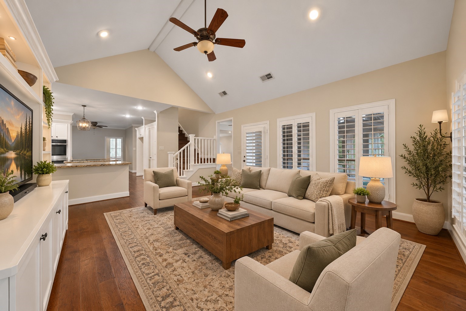 The Den offers a 2nd living area downstairs and is a flexible space that could be a media room, play space or second large living room. Two separate French doors leads that out to the patio and breezeway areas. Photo has been digitally altered using generative ai for virtual staging. Buyer to verify all.