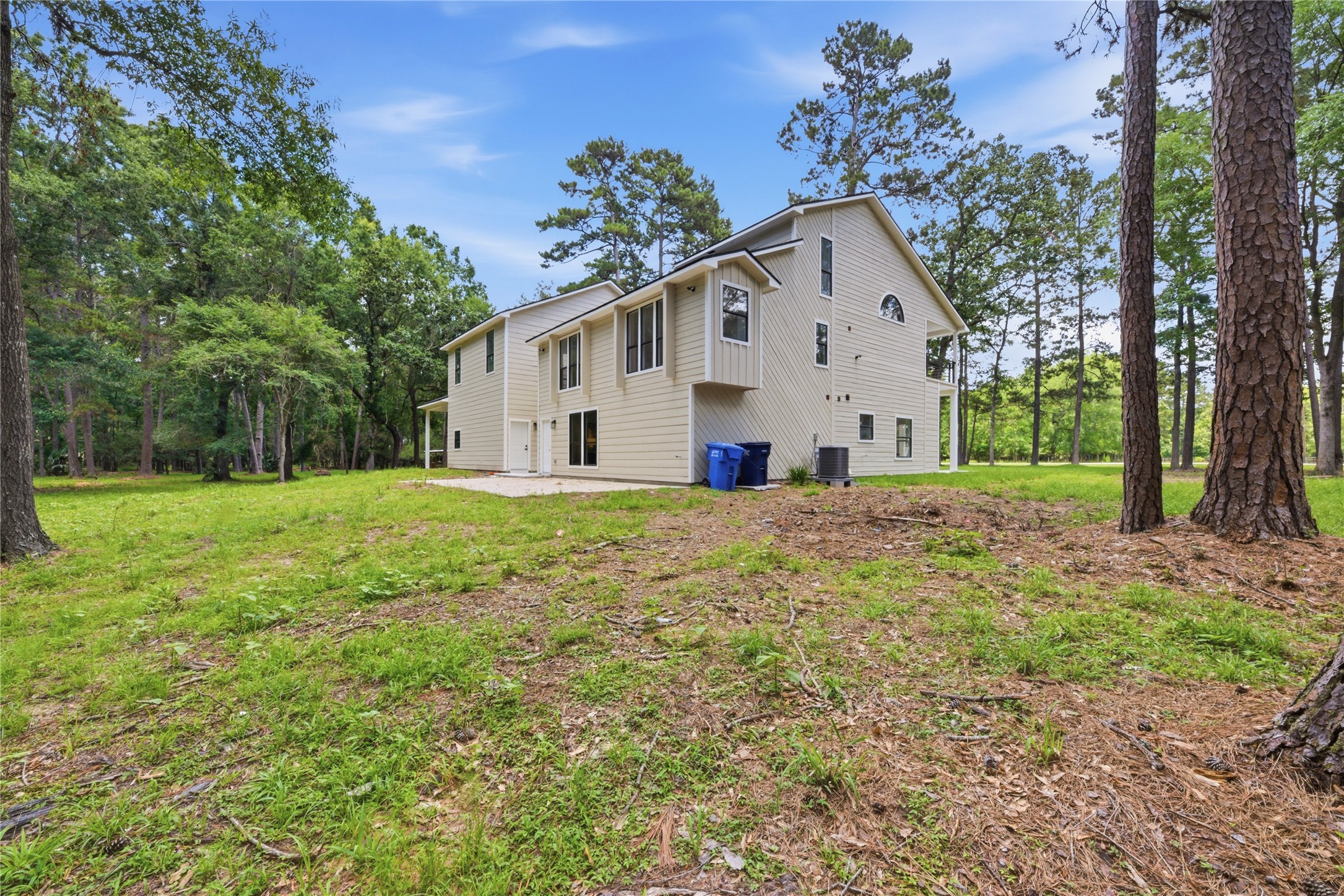 Daytime view of the rear elevation showcasing the home's substantial profile, modern board-and-batten siding, and the scale of the surrounding wooded lot. AC units neatly tucked at the side.