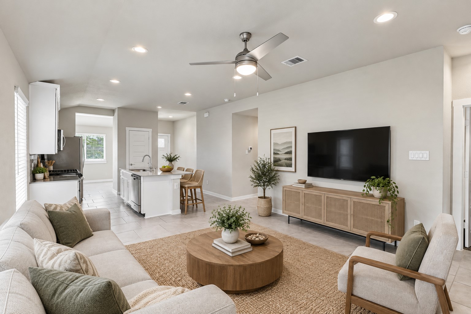 Grand Family Area with Large Tile Floors, Chic Stainless Steel Ceiling Fan and more! *Photo is Virtually Staged*