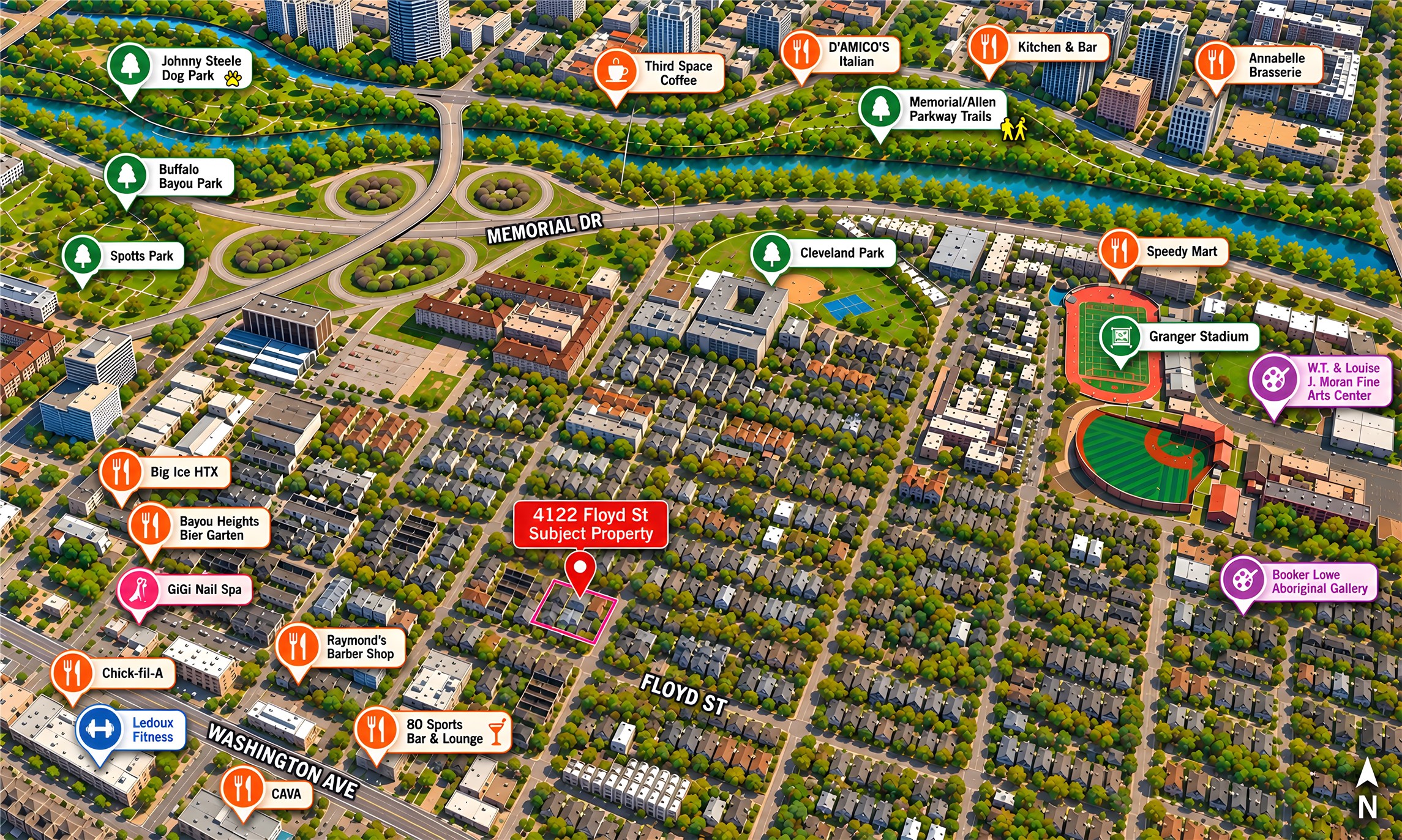 Neighborhood Map | The Best of Houston Within Reach  Perfectly positioned in the heart of Rice Military, 4122 Floyd places an enticing collection of neighborhood favorites at your fingertips. From celebrated restaurants and charming cafs to scenic parks, fitness studios, and cultural destinations, this vibrant location makes it effortless to enjoy the best of Houston, just beyond your doorstep.