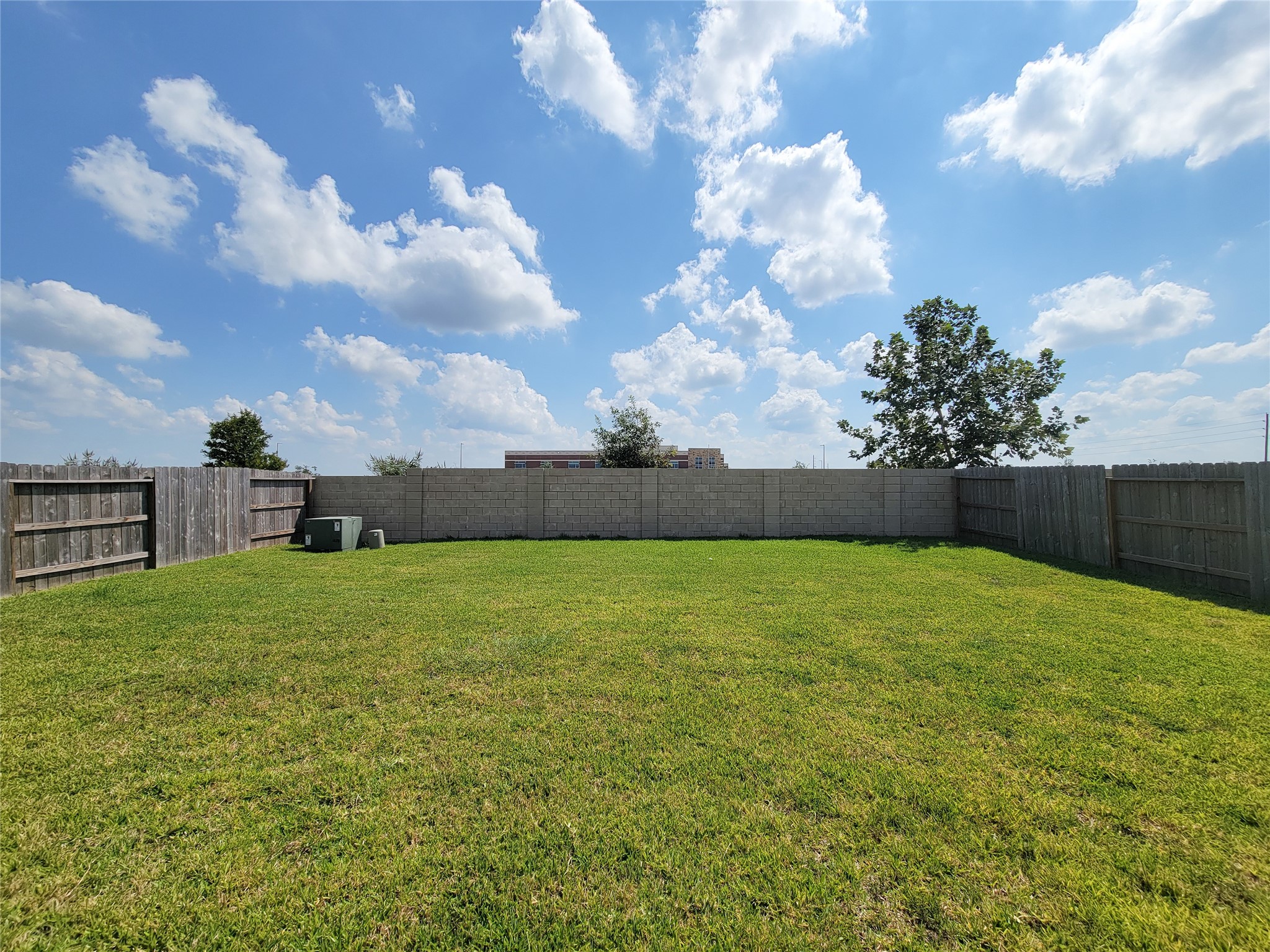 Expansive, sunlit backyard with lush green grass and privacy fencing, perfect for outdoor activities and gatherings.