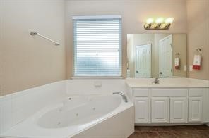 Primary bath with double sinks, jetted tub, and separate shower