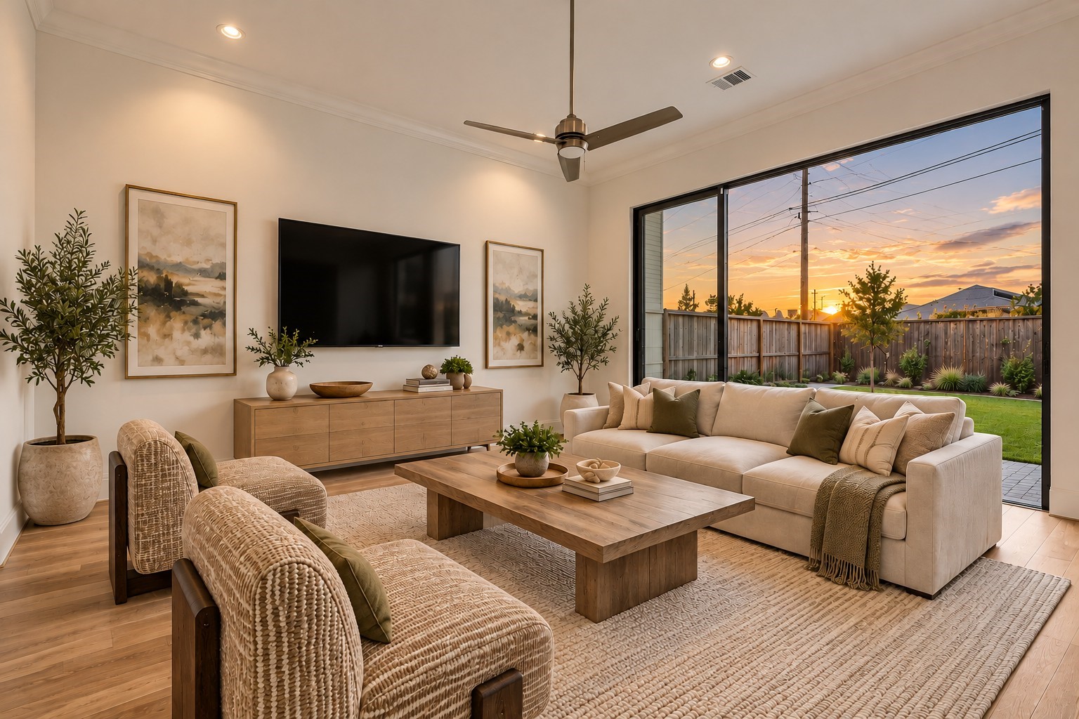 soaring 12ft ceilings in living room with large backyard
