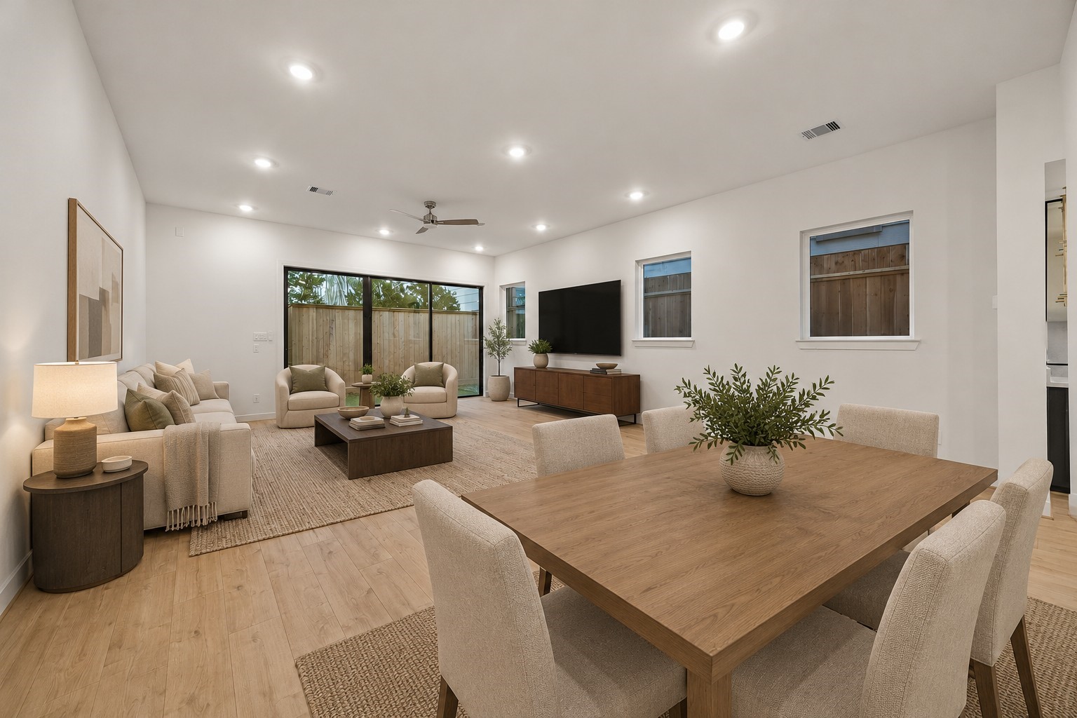 Digitally staged open-concept living and dining area showcasing a spacious layout, modern finishes, and an inviting space for entertaining. Digitally staged open-concept living and dining area showcasing a spacious layout, modern finishes, and an inviting space for entertaining.