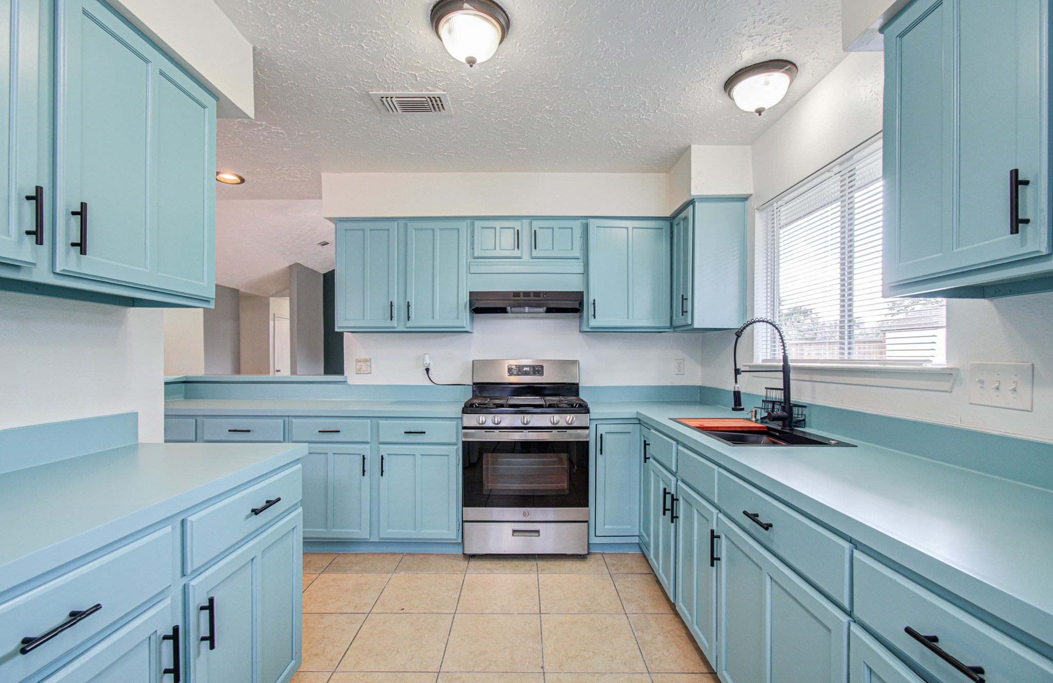 Bright and airy kitchen featuring light blue cabinetry, modern stainless steel appliances, ample counter space, and abundant natural light.