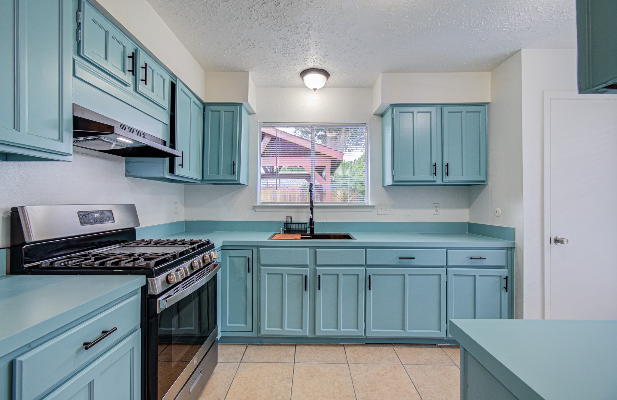 Charming kitchen featuring stylish teal cabinetry, modern stainless steel appliances, and ample workspace, complemented by natural light from the window.