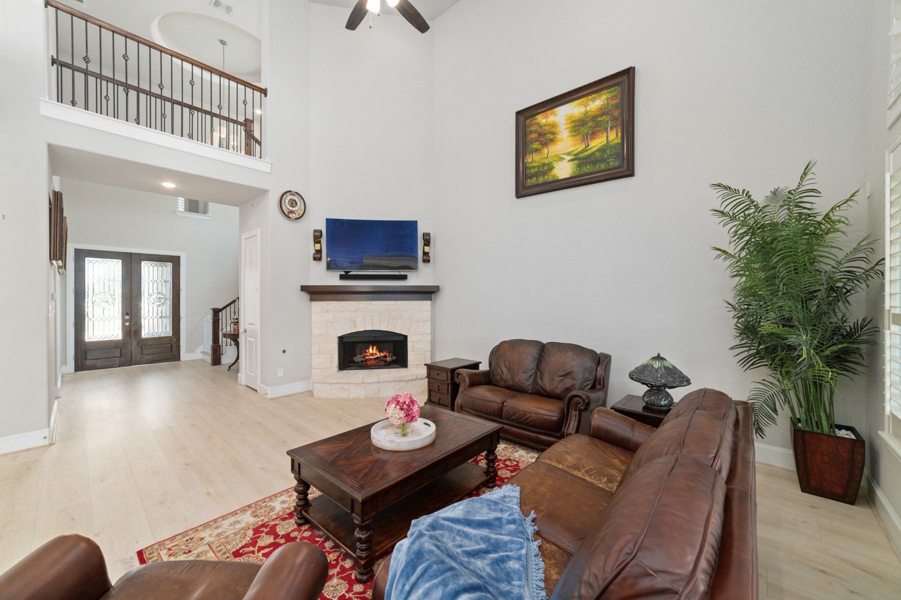 A cozy fireplace and plenty of space to entertain.