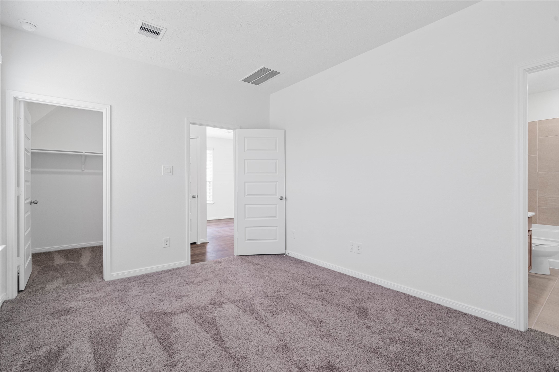 Additional view of the primary bedroom looking towards the primary bathroom and walk-in closet.