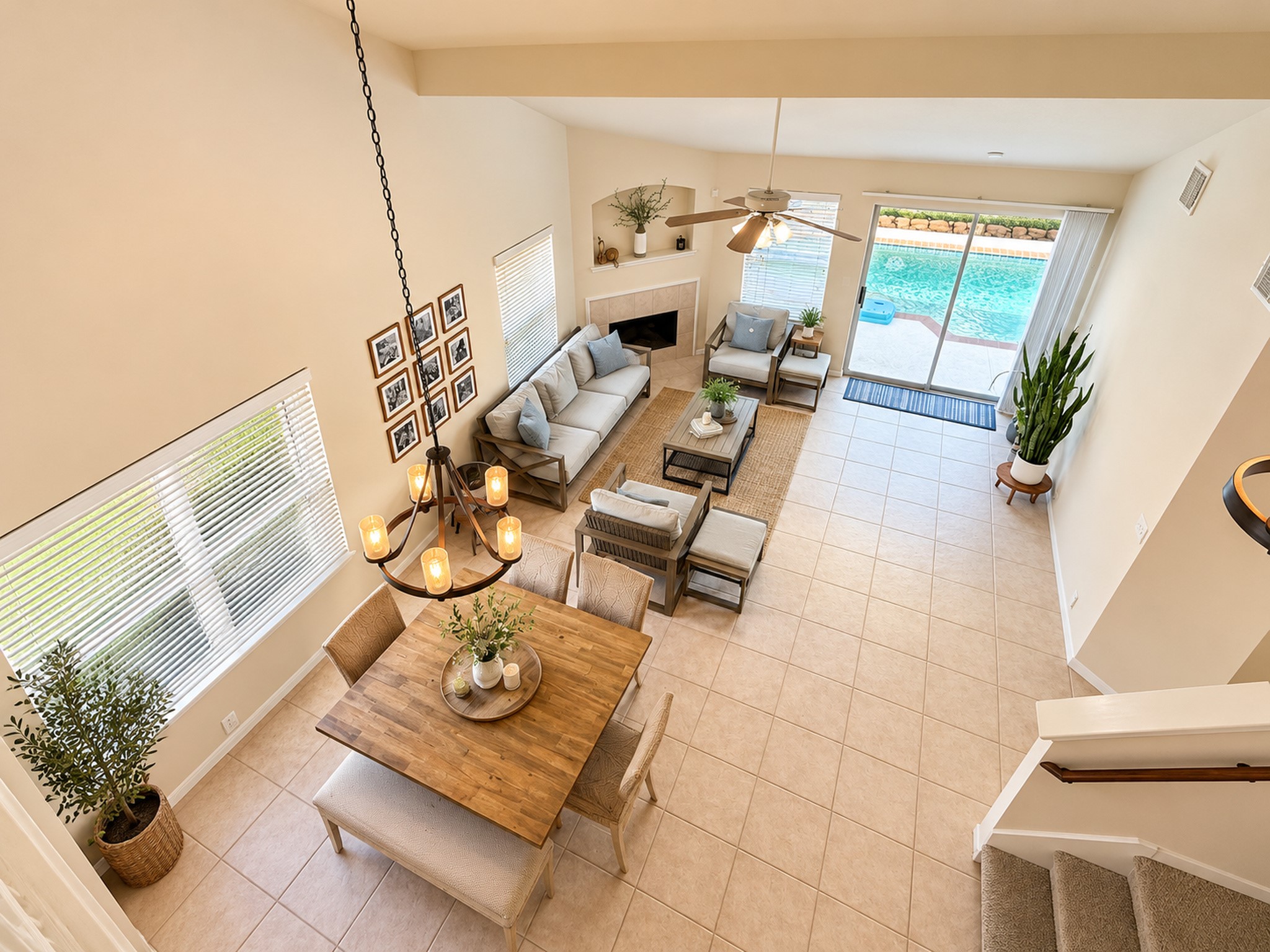 View of the living & dining room from the upstairs balcony
