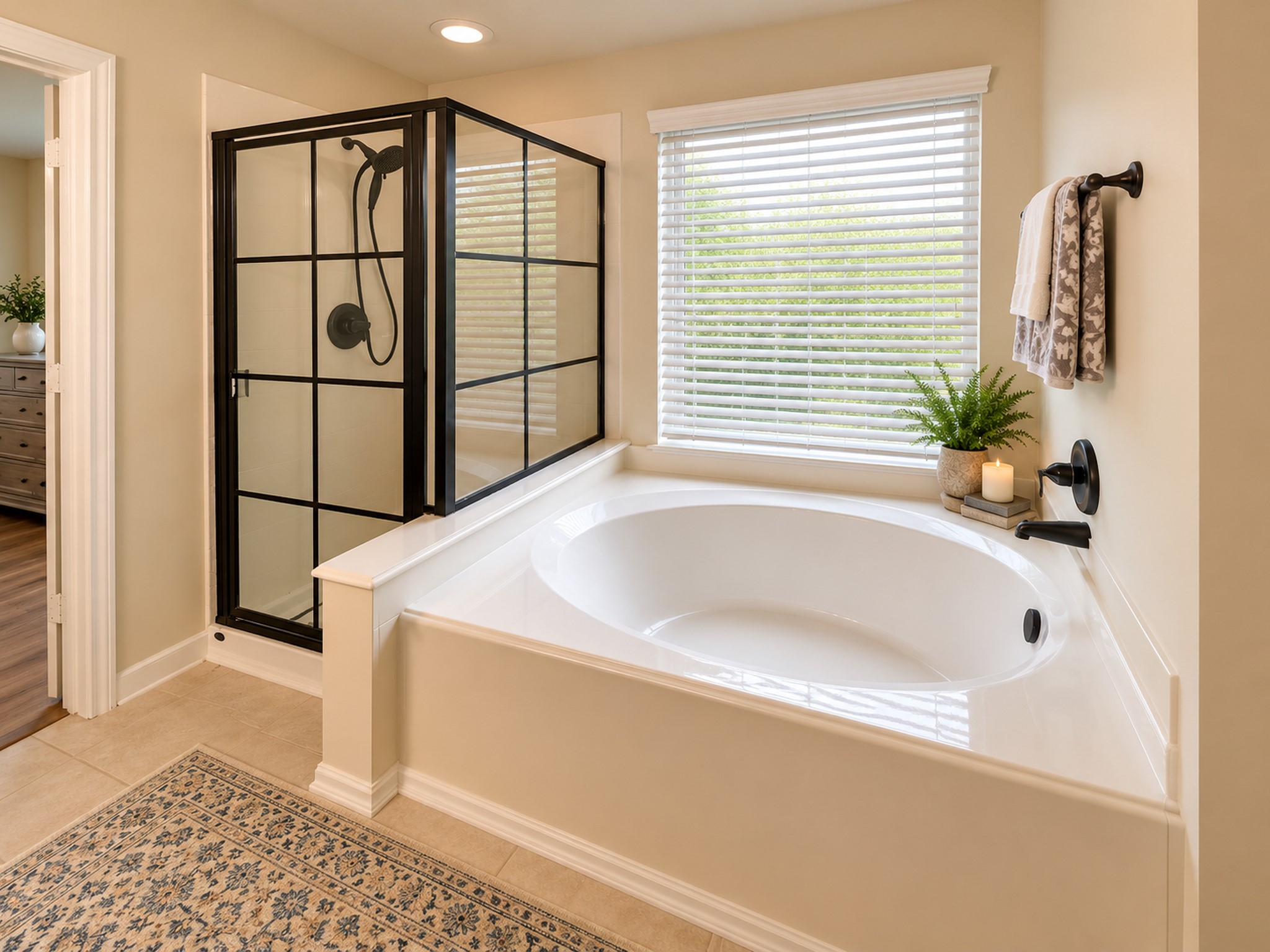 Soaking tub & newly renovated shower.