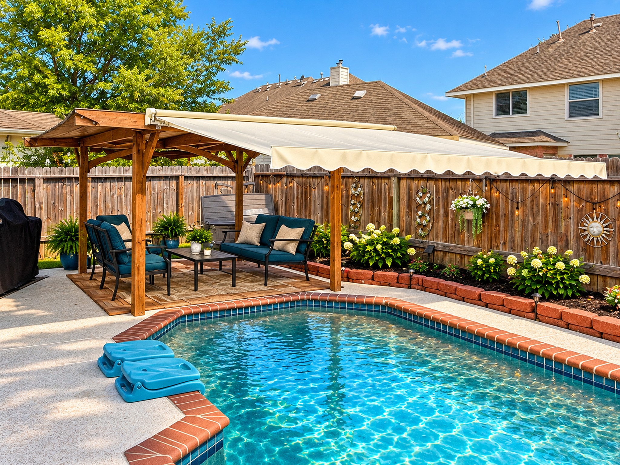 The pergola has an extendable awning