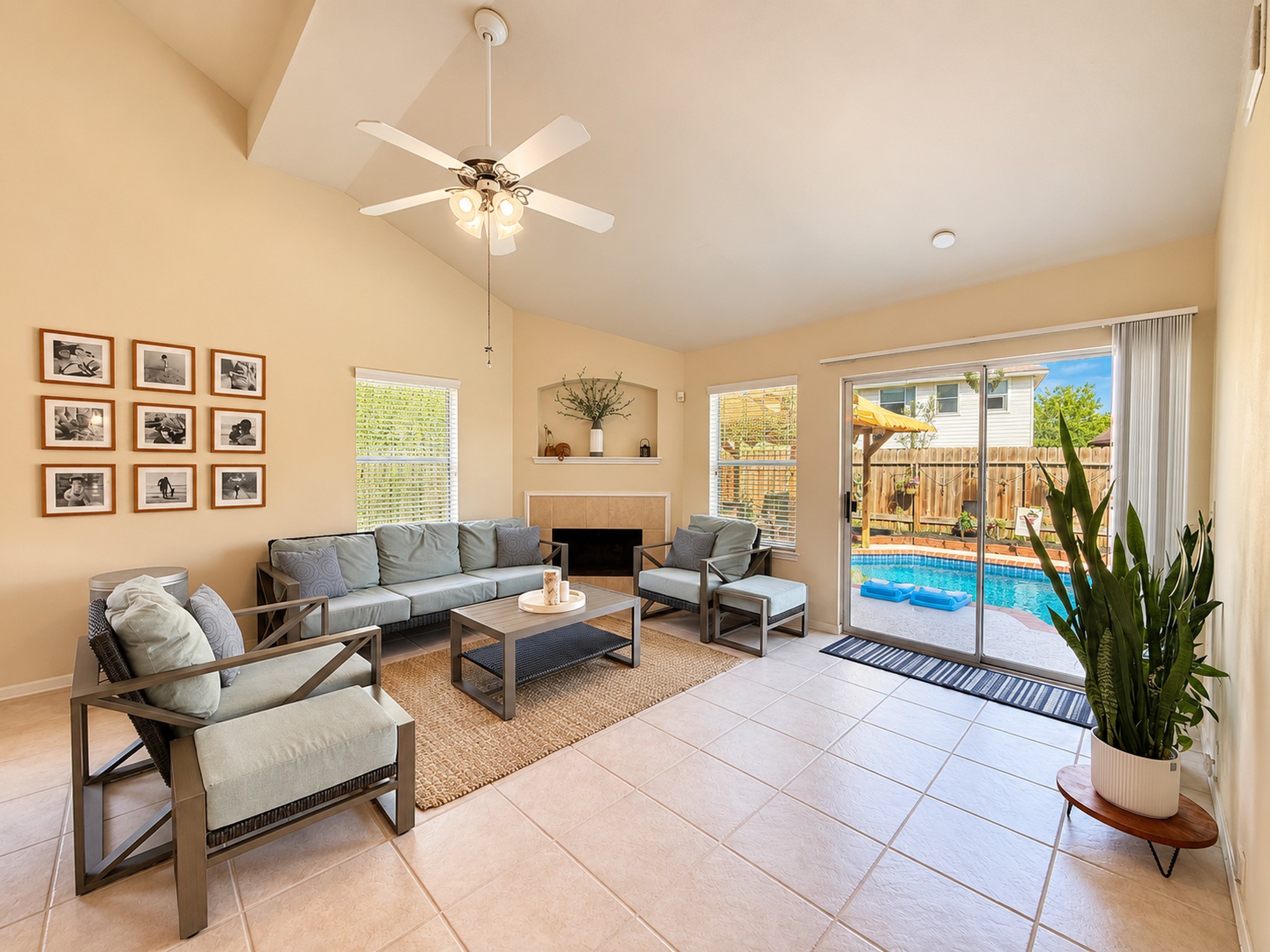 Spacious Family Room with a view of the pool