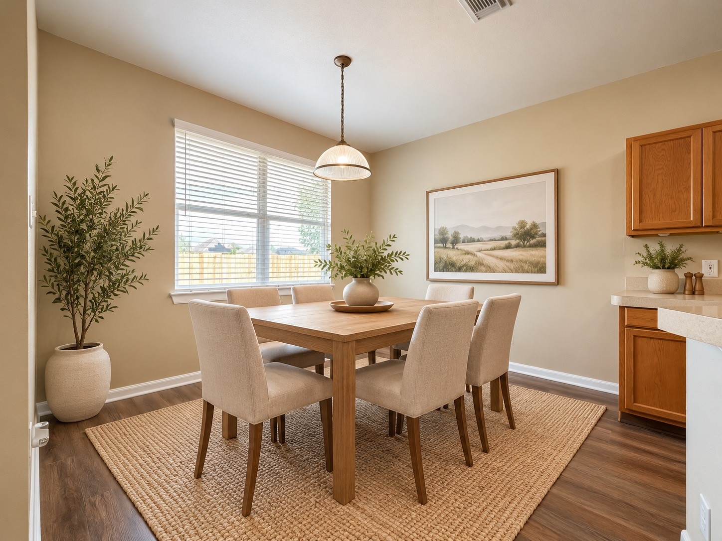 Bright and inviting dining area with abundant natural light from a large window. Virtually staged.