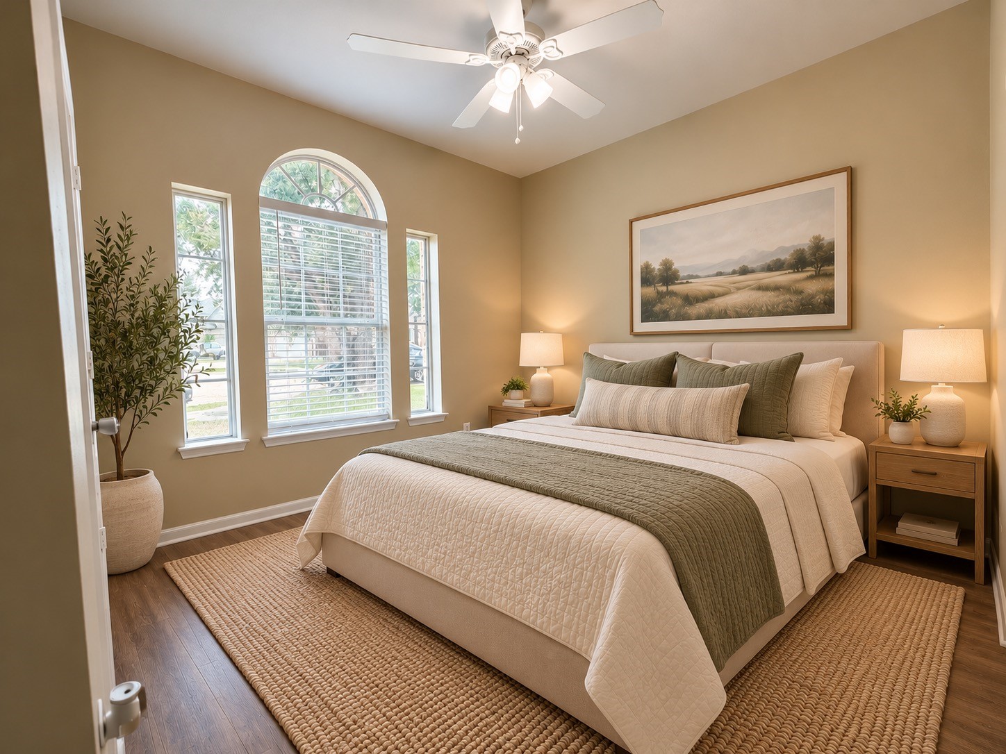 3rd bedroom featuring neutral tones, complemented by natural light streaming through elegant arched windows. Virtually staged.