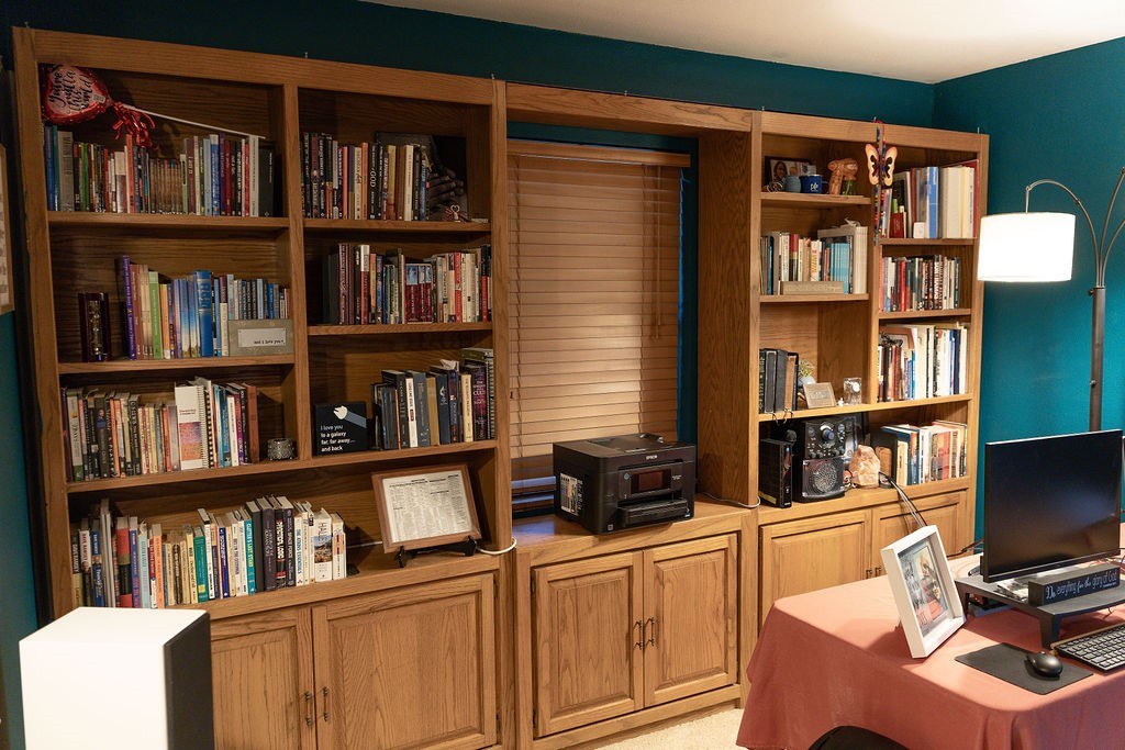 These custom built-in shelves are a fantastic use of space and a beautiful addition to the home office. They provide abundant storage and display space while adding timeless character, organization, and functionality to the room.