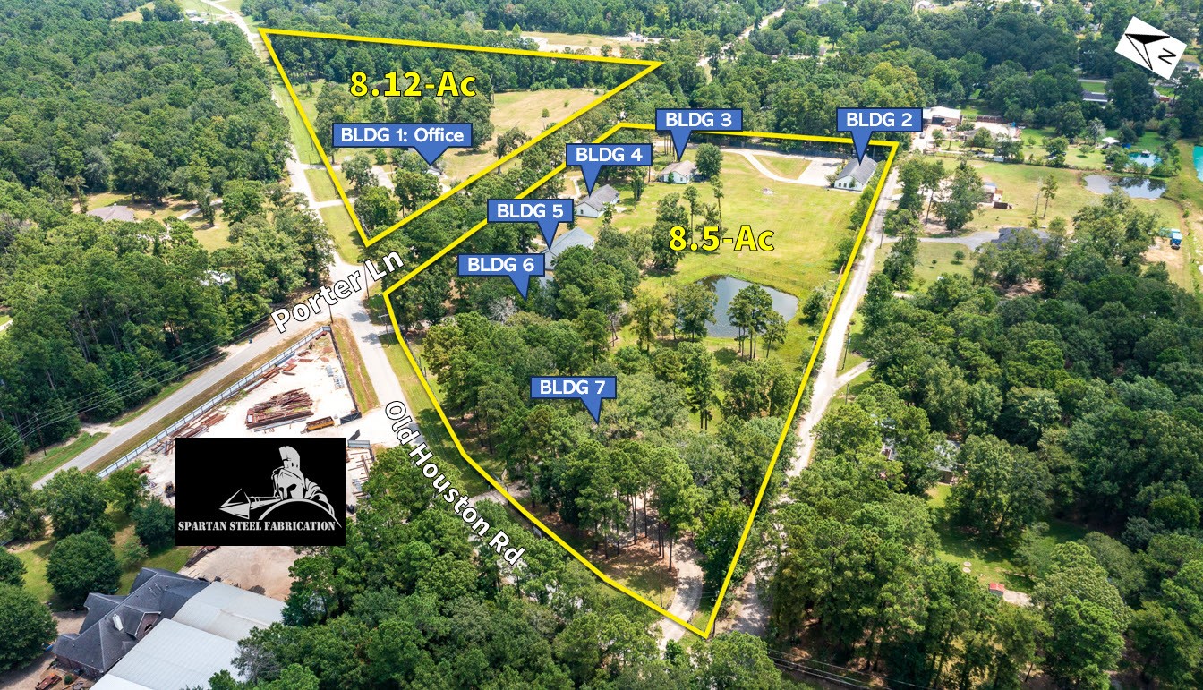 Aerial View of all buildings and pond.