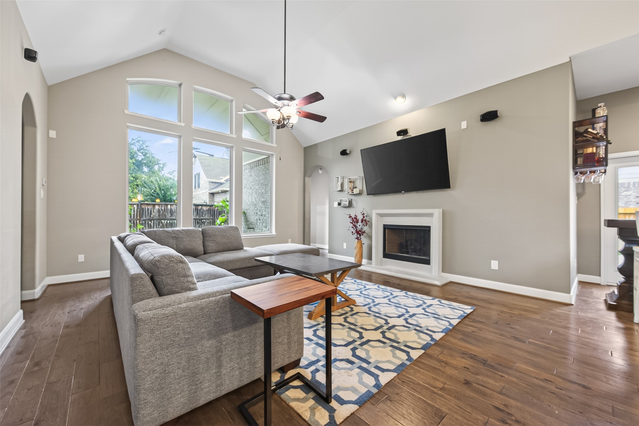 The family room is a few steps away from the kitchen.
