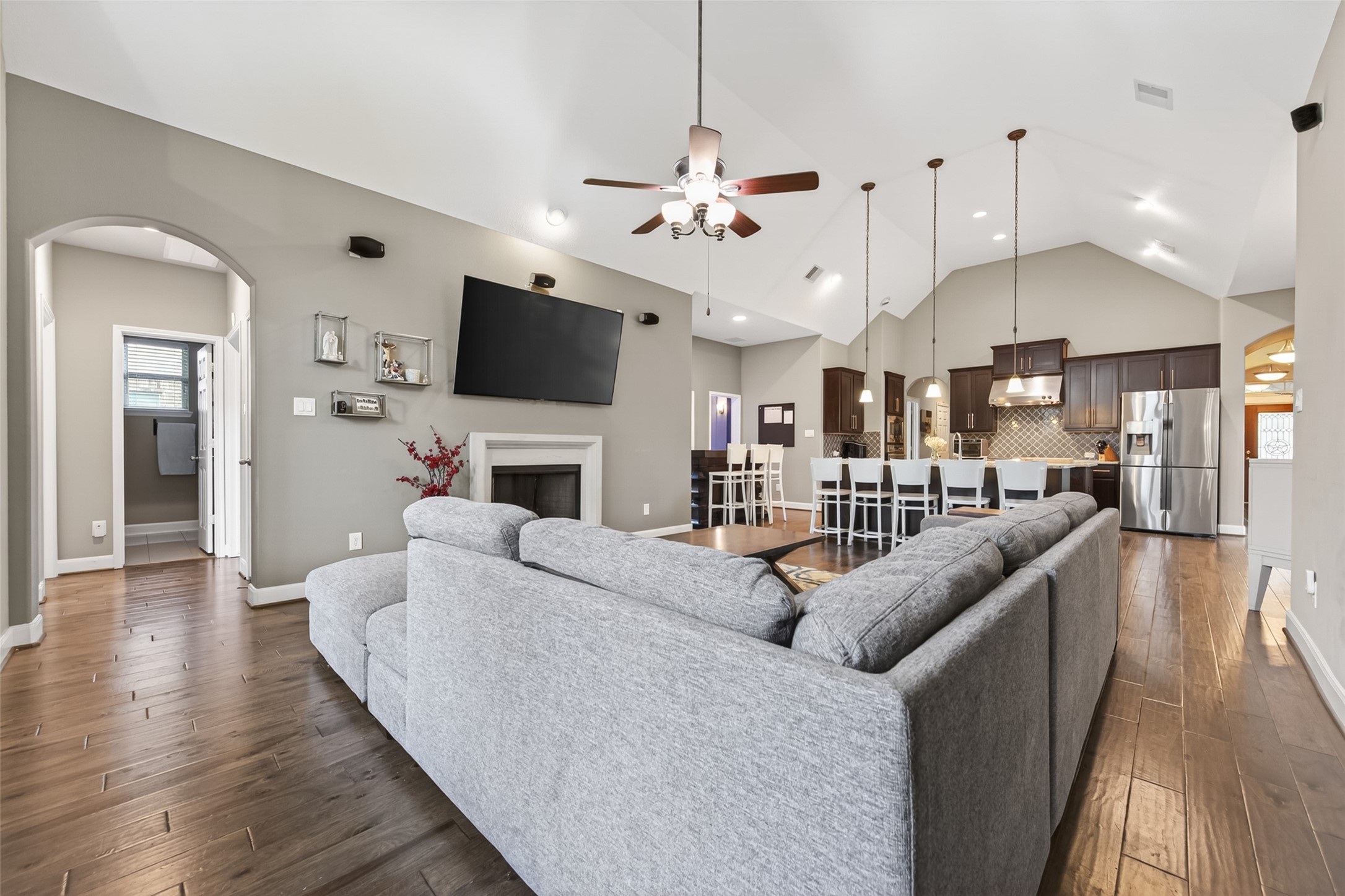 Great place to unwind in front of the gas log fireplace, TV, and surround sound with pre-wired speakers.