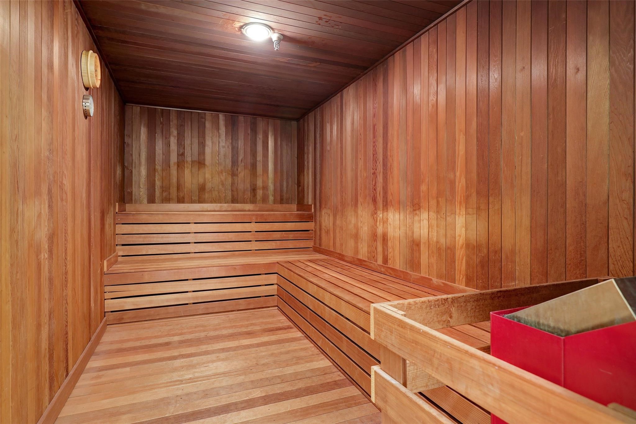 Dry sauna at fitness center.