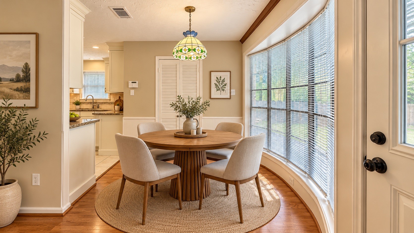 Virtually staged breakfast area.