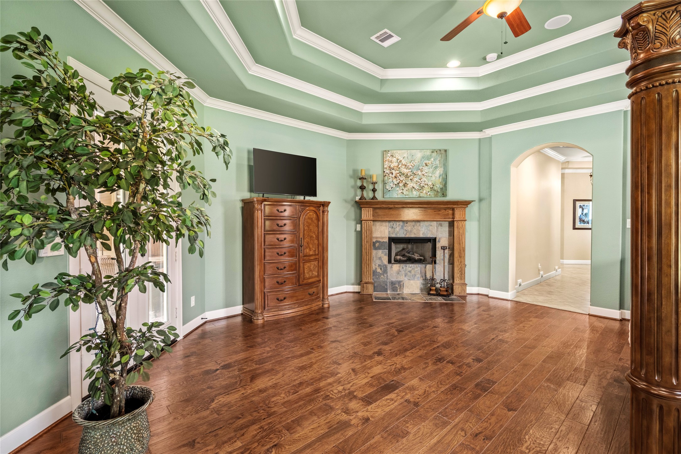 This suite also boasts a cozy fireplace with slate finishes, and every comfort you could want in this room.